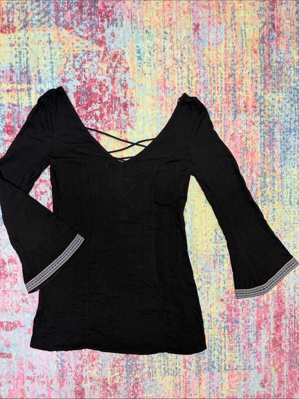 See my back!! Black Long-Sleeve V-Neck Top with Crisscross Back and Bell Sleeves